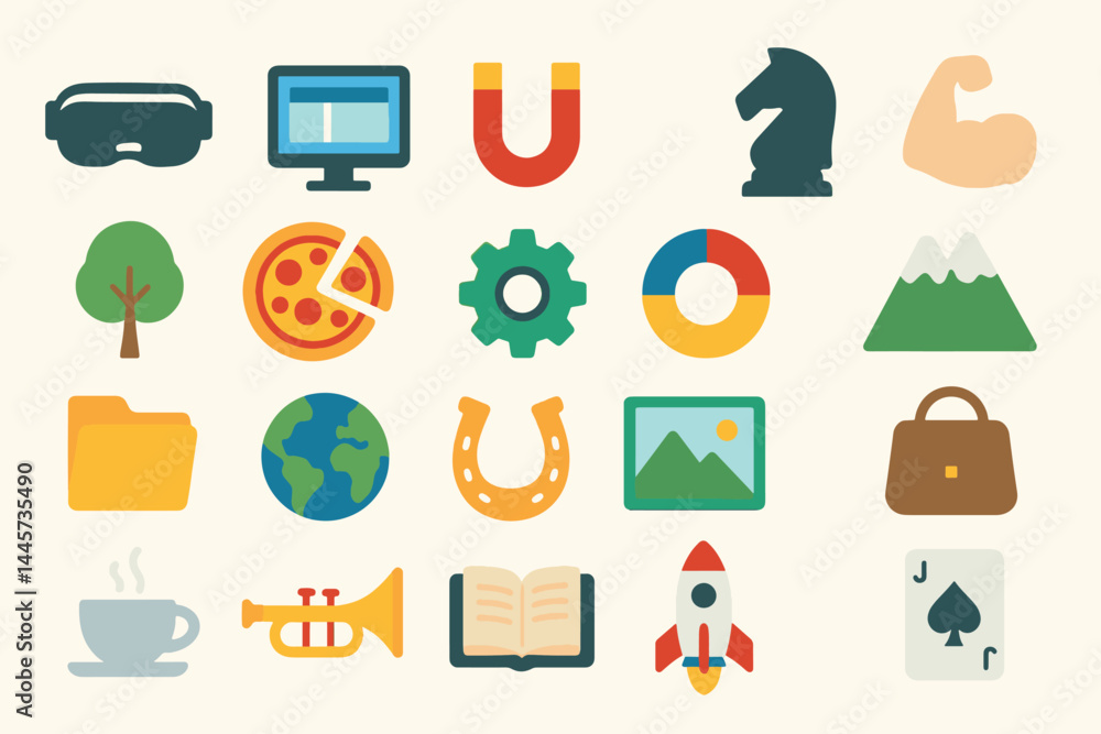 Poster iconic symbol array: a collection of brightly colored icons representing diverse concepts. an eye-ca