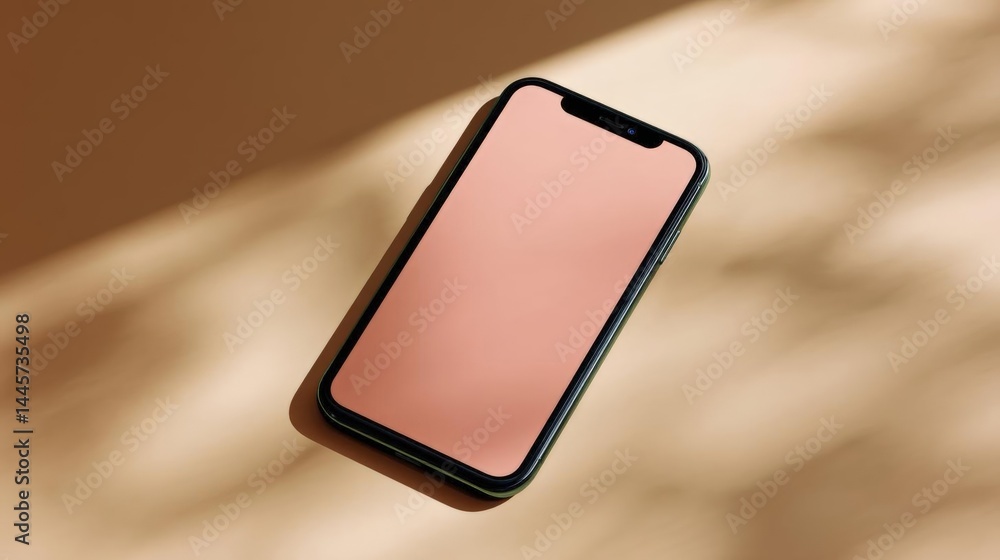 Aufkleber 3d rendering of a smartphone lying on a wooden surface. the phone is black in color with a pink scre