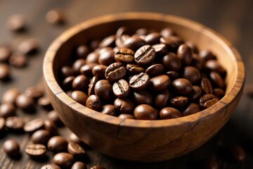 Fototapeta premium Warm Colombian coffee beans in a wooden basket, wood, coffee