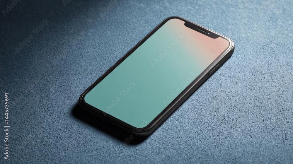 Poster black smartphone lying on a blue textured surface. the phone has a large screen with a gradient of c