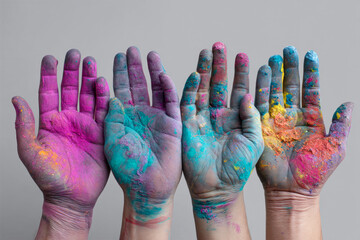 Artistic Expressions with Holi Painted Hands in Various Poses