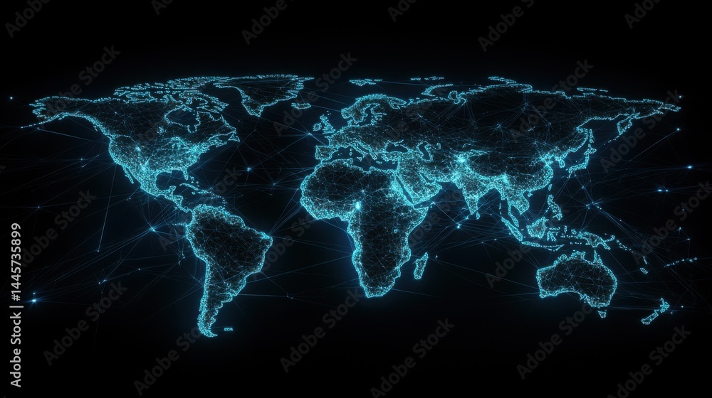 Poster digital visualization of a glowing global network connecting major cities across a dark world map wi