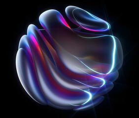 3d of surreal mystic alien ball or sphere sculpture in curve wavy organic lines forms in deformation process in translucent matte plastic material with purple neon laser round stripe
