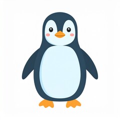 Fototapeta premium Cute cartoon penguin with a white belly, orange beak, and feet, standing on a plain background.