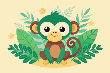 Obraz premium A cute green monkey with large eyes sits happily surrounded by lush tropical leaves and flowers, showcasing a playful and friendly demeanor in a vibrant design.