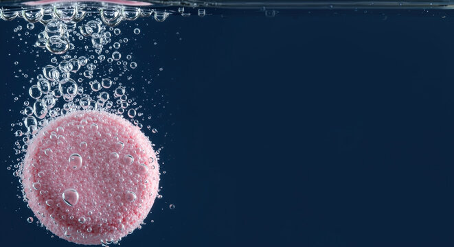 Pink effervescent tablet dissolving in dark blue water with rising bubbles. Close-up view of fizzing reaction. Healthcare and medicine concept. Pharmacy products and wellness solutions.