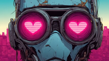 Cyberpunk robot with heart-shaped neon eyes, futuristic city background, vibrant colors, sci-fi love concept, digital illustration, AI emotion, mechanical face, romantic technology, modern art.