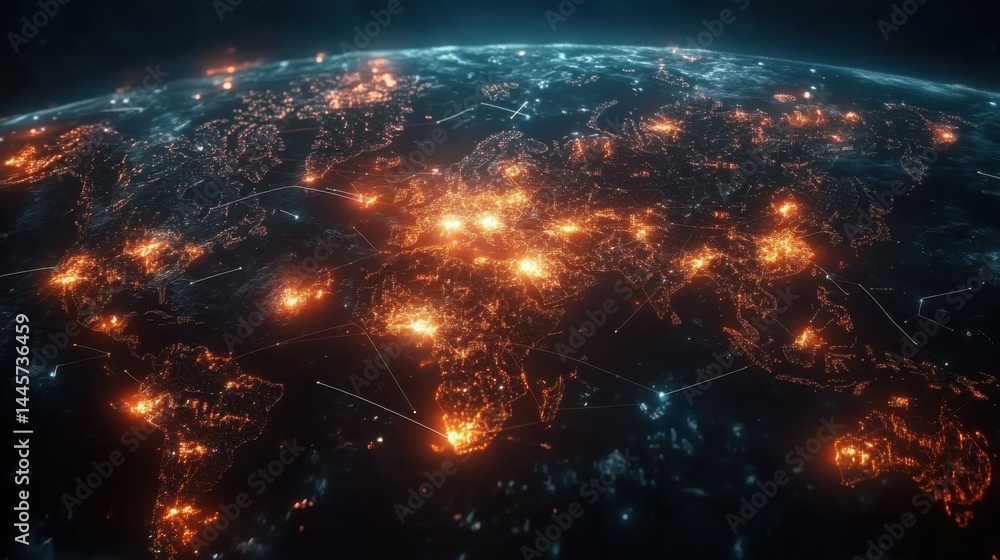 Poster digital visualization of a glowing global network connecting major cities across a dark world map wi