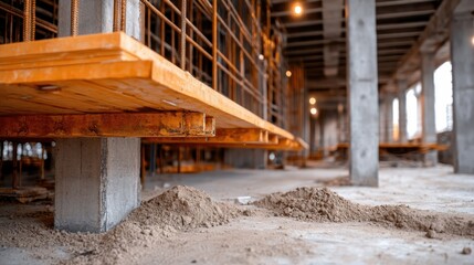 An artistic shot of scaffold support structures with light illuminating the area, featuring a bit of earth beneath, emphasizing the raw elements of construction and development.