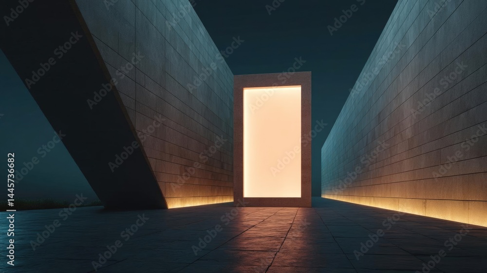 Aufkleber empty room with a large open door in the center. the door is made of concrete and is lit up with a w