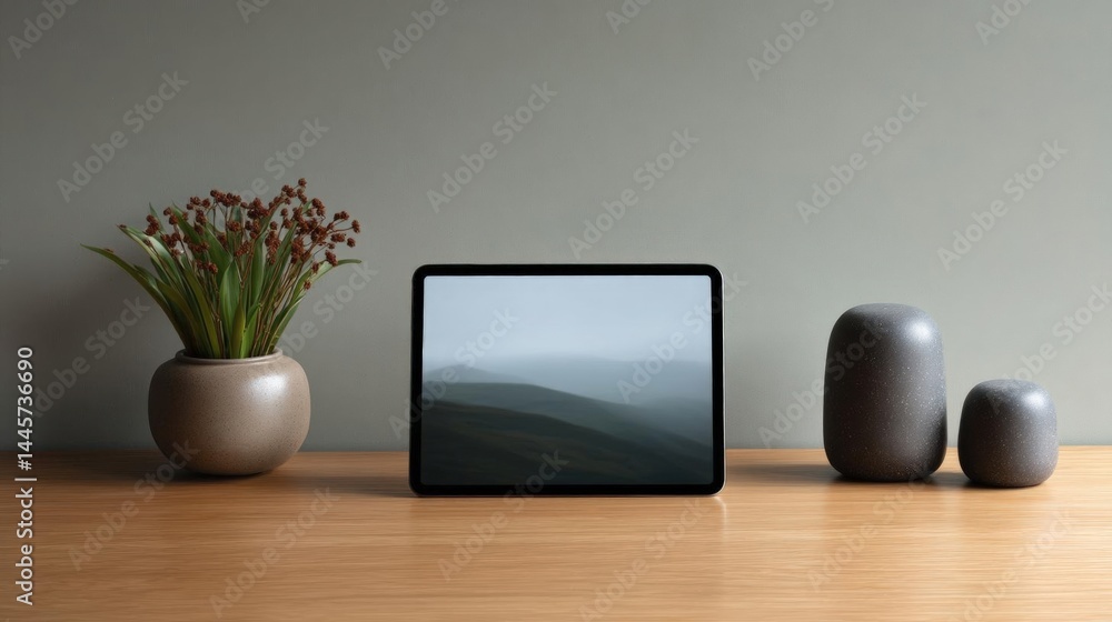 Poster wooden table with a black tablet on it. the tablet is in the center of the table and is facing towar