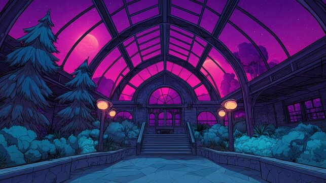 Glass greenhouse at night with purple sky, glowing lamps, moon, pine trees and lush plants. Surreal, fantasy botanical garden interior, vibrant colors, magical atmosphere.