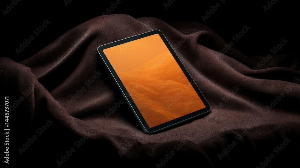Poster black tablet lying on a dark brown fabric. the tablet is in the center of the image and is positione