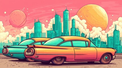 Retro futuristic cars parked in front of a vibrant neon cityscape with planets and clouds in the sky, colorful sci-fi illustration.