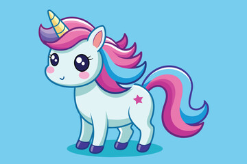 Naklejka premium A delightful unicorn with a vibrant pink and blue mane and a golden horn stands on a cheerful blue background, perfect for childrens stories and playful designs.