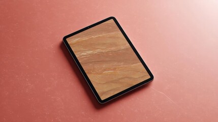 Fototapeta premium Black tablet lying on a pink surface. the tablet has a rectangular shape with a thin black border.