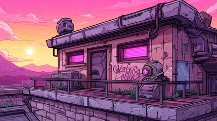 Futuristic cyberpunk building with neon pink windows, security camera, and graffiti at sunset. Sci-fi urban landscape, digital art, vibrant colors, dystopian city scene