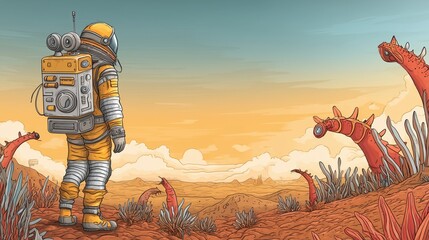 Astronaut exploring alien planet landscape with strange red plants and creatures, science fiction adventure, colorful cartoon style, extraterrestrial discovery, fantasy space travel.