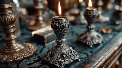 Antique silver candle holders with flickering flames on a dark table