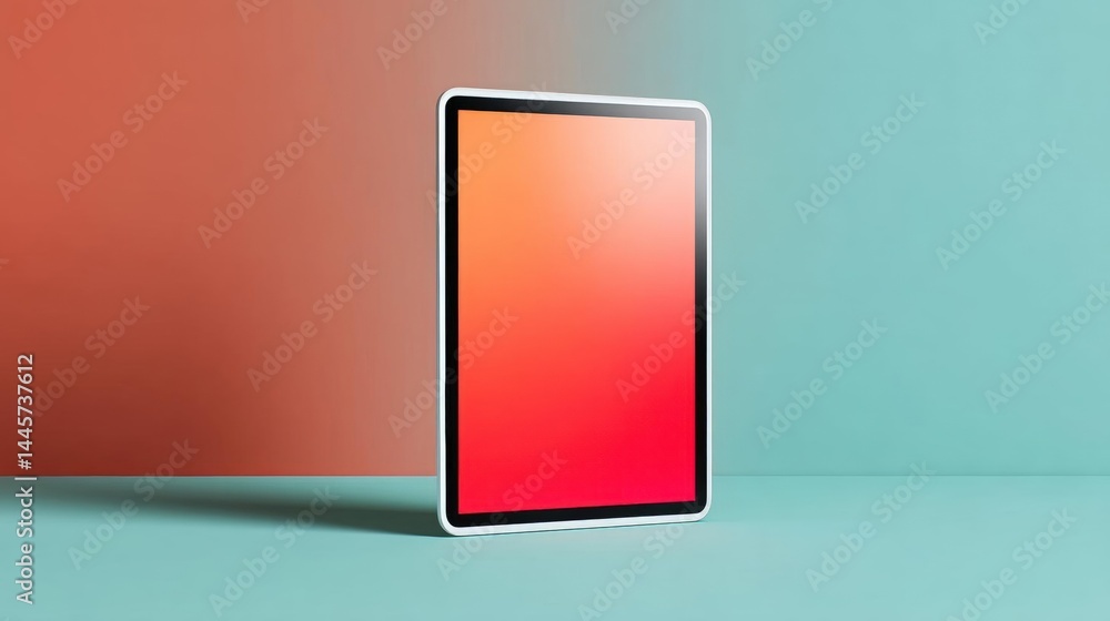 Poster tablet computer with a white frame and a red screen. the tablet is placed on a light blue surface wi