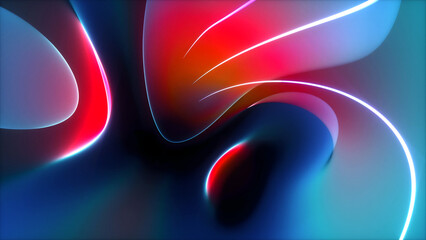 3d render background with part of surreal flower in curve wavy organic lines forms in deformation process in dark translucent matte blue plastic material with purple neon laser round stripe