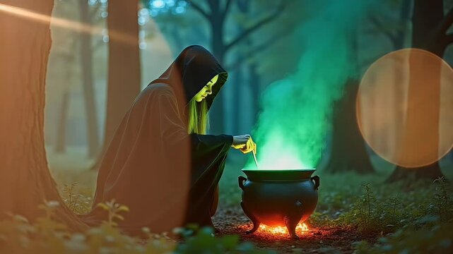 Woman brewing potion in forest