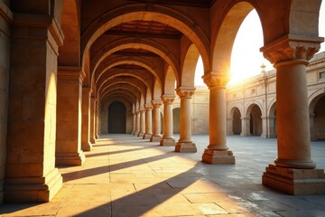 Fototapeta premium Warm sunlight filters through intricate arches of ancient colonnade , arched colonnade, natural light