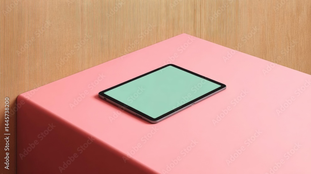 Poster square-shaped object with a pink surface. on top of the surface, there is a black tablet with a gree