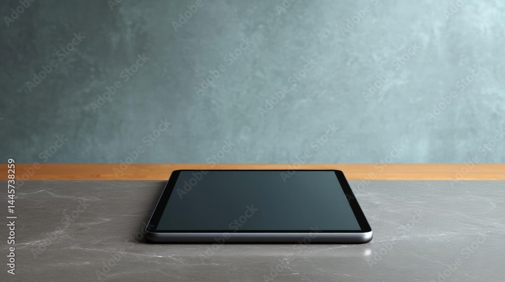 Poster black tablet computer lying on a grey marble surface. the tablet is in the center of the image and i