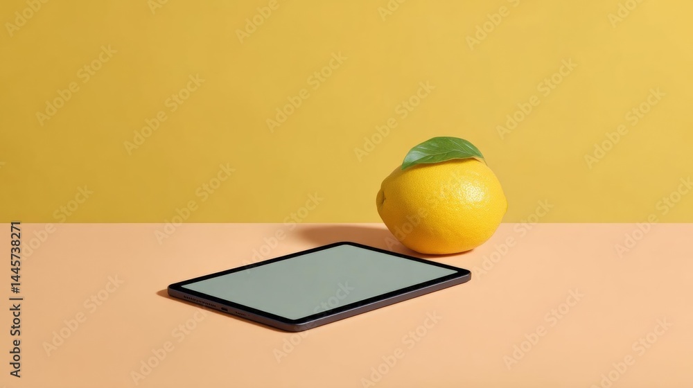 Poster single lemon with a green leaf on top of it, placed on a peach-colored surface. next to the lemon, t