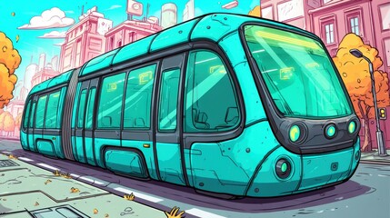 Futuristic turquoise tram on city street, modern urban transport, autumn cityscape, clean energy, eco-friendly public transportation, cartoon style, vibrant colors, sunny day.