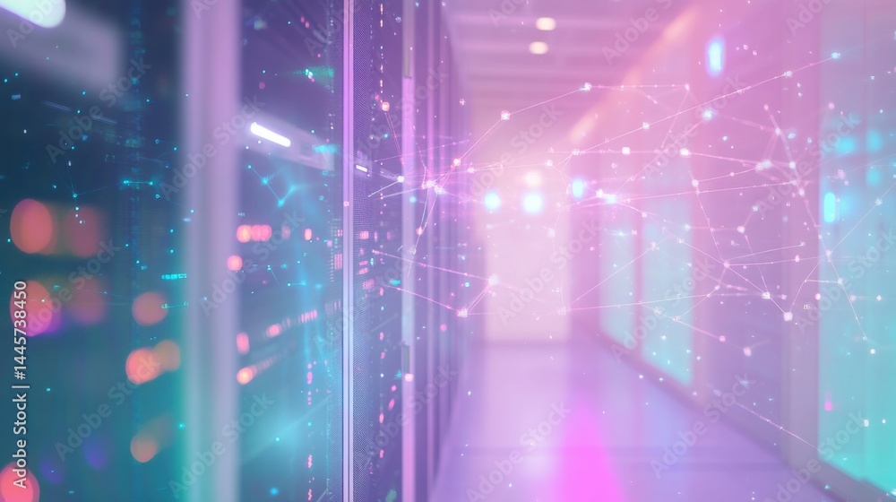 Poster high-tech server room with a transparent overlay of a connected global data network and digital anal