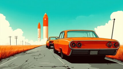Vintage orange cars on a rural road with rockets ready for launch in the background, retro futuristic landscape, clear sky, adventure and exploration concept.