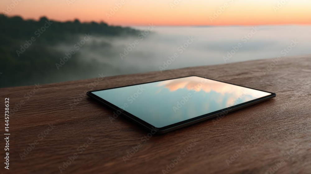 Aufkleber black tablet resting on a wooden surface. the tablet is in the center of the image and is facing tow