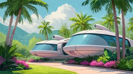 Futuristic tropical house with large windows, surrounded by palm trees and lush greenery, mountains in the background, sunny weather, modern architecture, paradise landscape.