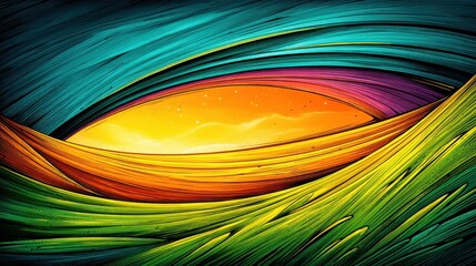 Abstract colorful landscape with swirling lines, vibrant sunset, and dynamic motion. Modern fantasy art with vivid blue, yellow, green, and orange tones. Perfect for creative backgrounds.