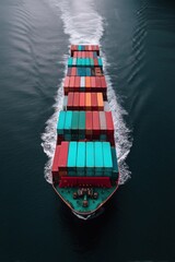 A large cargo ship transporting multicolored shipping containers sailing through calm water du daytime, illustrating global trade and maritime transportation