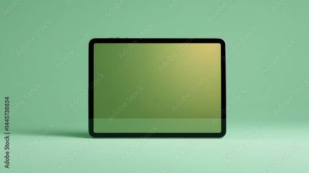 Poster 3d rendering of a square-shaped tablet with a black frame. the background is a light green color, an