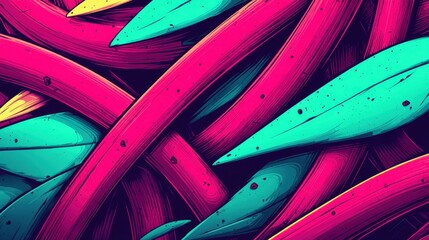 Abstract colorful background with vibrant pink lines and turquoise leaves, modern digital art, vivid fantasy pattern, perfect for creative design and wallpaper.