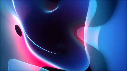 3d render background with part of surreal flower in curve wavy organic lines forms in deformation process in dark translucent matte blue plastic material with purple neon laser round stripe