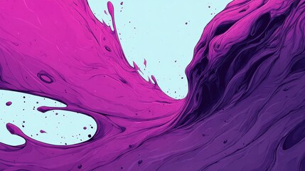Abstract purple liquid wave with smooth flowing lines and splashes on a light blue background. Modern digital art, vibrant colors, dynamic movement, suitable for creative design projects.