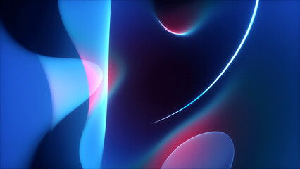 3d render  background with part of surreal flower in curve wavy organic lines forms in deformation process in dark translucent matte blue plastic material with purple neon laser round stripe