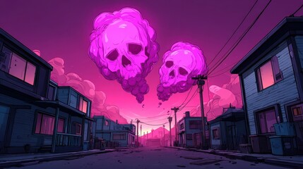 A surreal digital illustration of a city street with dramatic purple skies and floating skull-shaped clouds, creating a dark, fantasy atmosphere perfect for wallpapers or concept art.