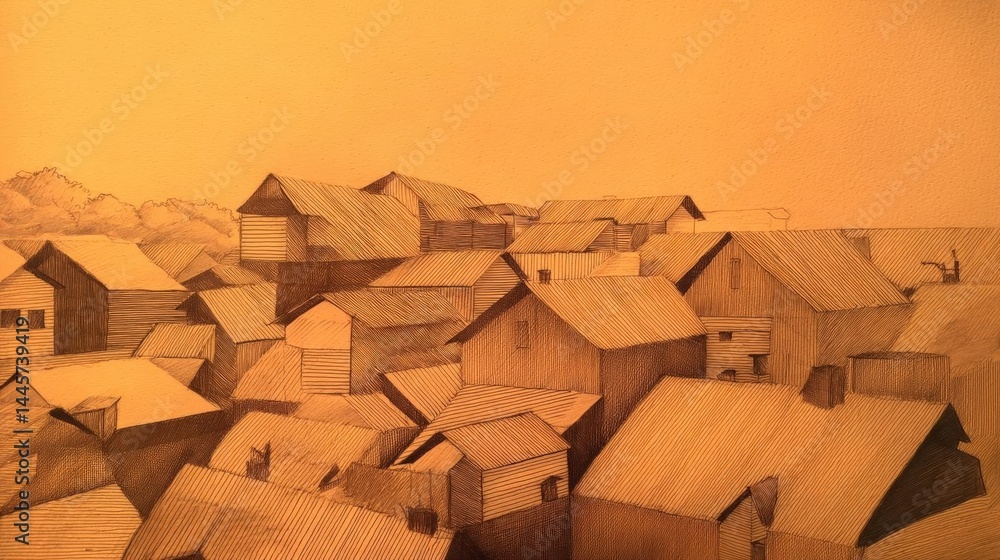 Poster illustration of a group of houses with sloping roofs. the houses are arranged in a grid-like pattern