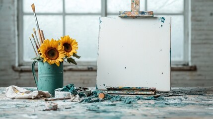 A vibrant arrangement of sunflowers and paint supplies symbolizes the joy of artistic creation. The scene is filled with texture and color, evoking a sense of warmth and creativity.