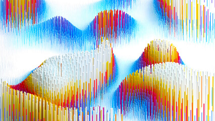 3d render of abstract art with surreal landscape with smooth wavy curve hills based on small tubes pipes sticks particles in gradient white yellow red blue color