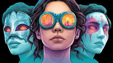 Surreal portrait of three women, one in steampunk goggles reflecting a carnival, others in ornate masks and face paint, vibrant colors, fantasy art, mysterious mood.
