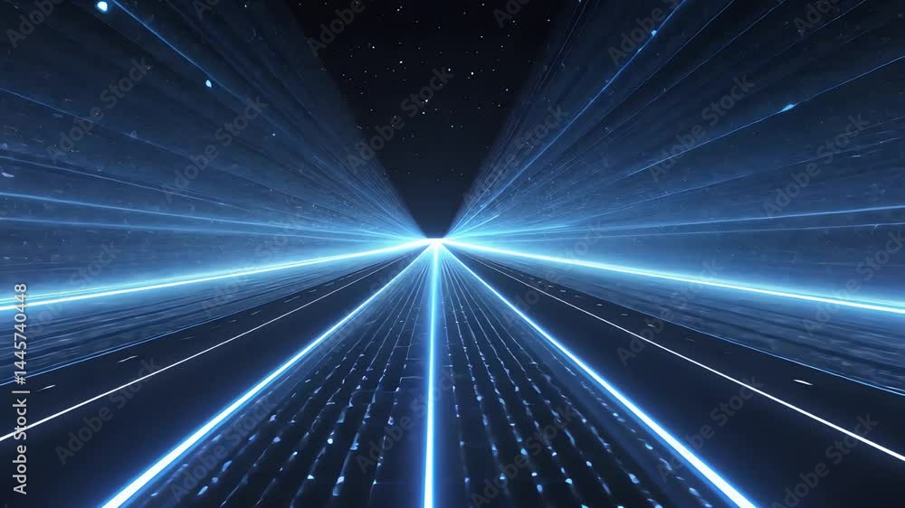 Aufkleber blue glowing light beams forming a futuristic digital highway extending into deep space with a persp