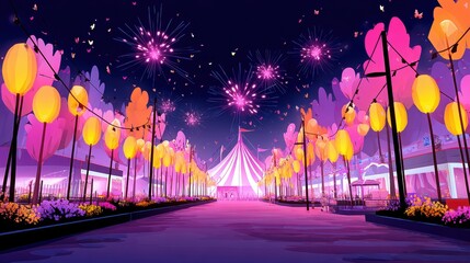 Colorful festival night scene with glowing lanterns, fireworks, and circus tent, vibrant pink and yellow trees, festive atmosphere, fantasy carnival landscape, magical celebration.