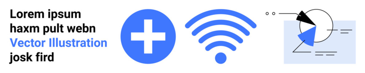 Plus sign, wireless signal, and abstract chart design with text elements. Ideal for technology, health, connectivity, analytics, data visualization, communication simple landing page